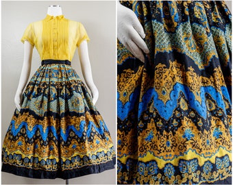 1950s Black Blue and Gold Paisley Printed Circle Skirt, Mid-Centery Look, Novelty Print