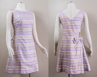 Chic 60s Purple, White, and Gold Striped Mini Dress, Rhionsotn Button, Bow Detail