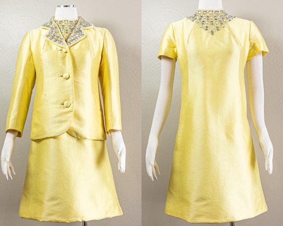 1960s Yellow Silk Shantung Beaded Dress & Jacket Set | Jean Lutece | Medium