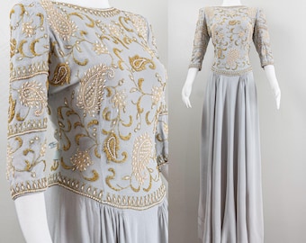 white gold studded dress Vintage Rare 1940s Gown - Wedding Crepe Waist: 27