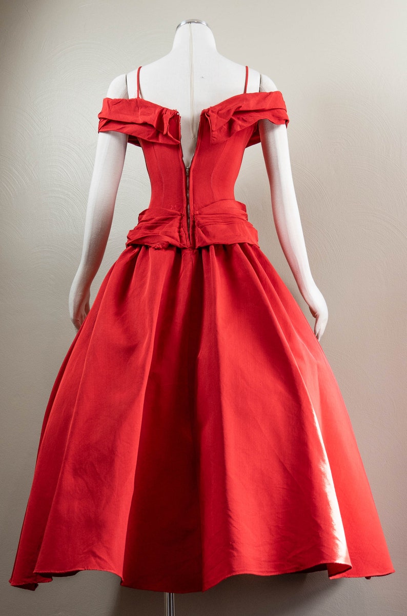 Glamorous True Red 50s Silk Faille Off the Shoulder Evening Dress, Fred Perlberg, Ballet Length image 6