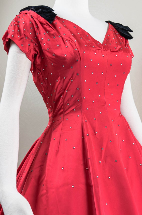 Glitzy 50s Red Satin Rhinestones Party Dress, Bla… - image 4