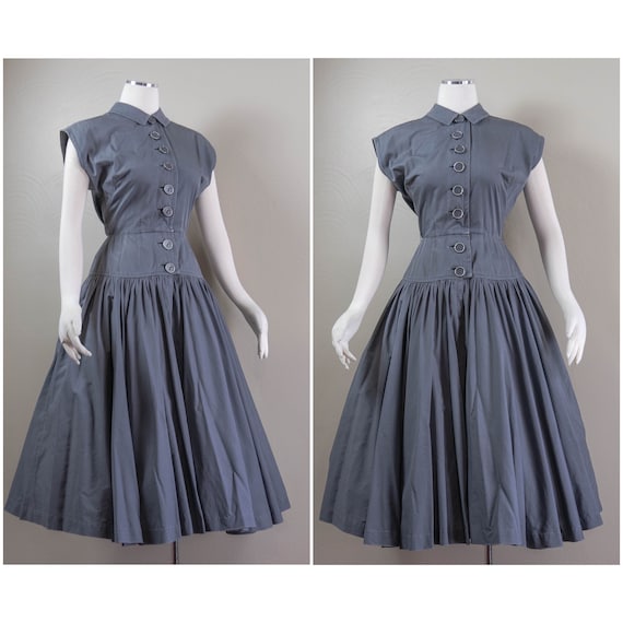 Chic 50s Charcoal Gray Cotton Drop Waist Shirt Dr… - image 1