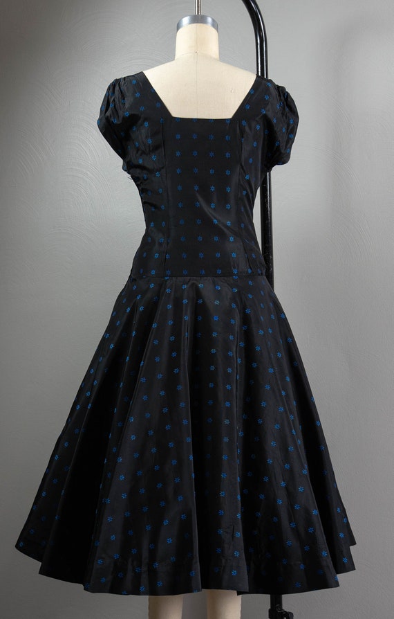 50s Black and Blue Brocade Drop Waist Party Dress… - image 6