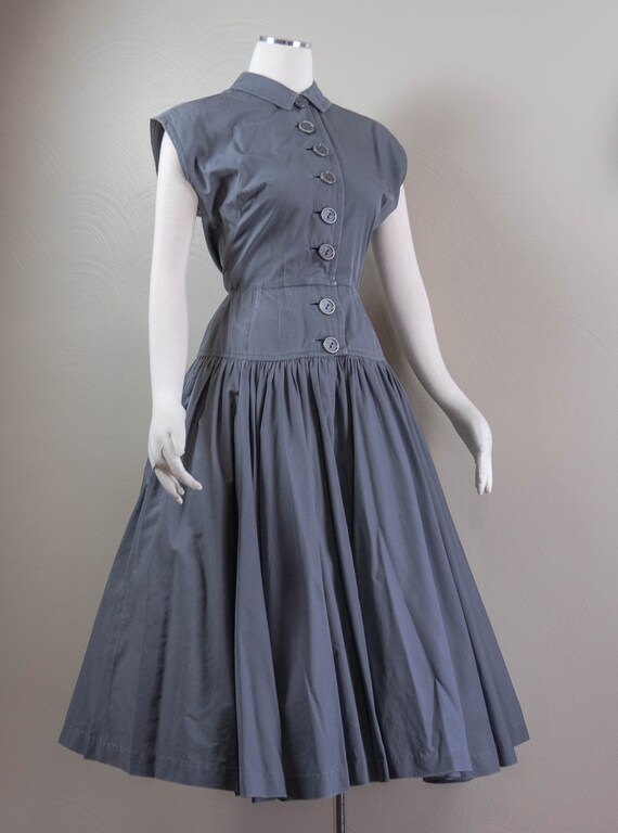 Chic 50s Charcoal Gray Cotton Drop Waist Shirt Dr… - image 3