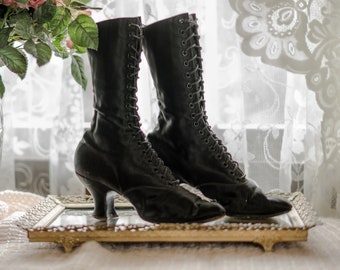 Victorian Black Satin Lace Up Boots, Edwardian Style, Small Size