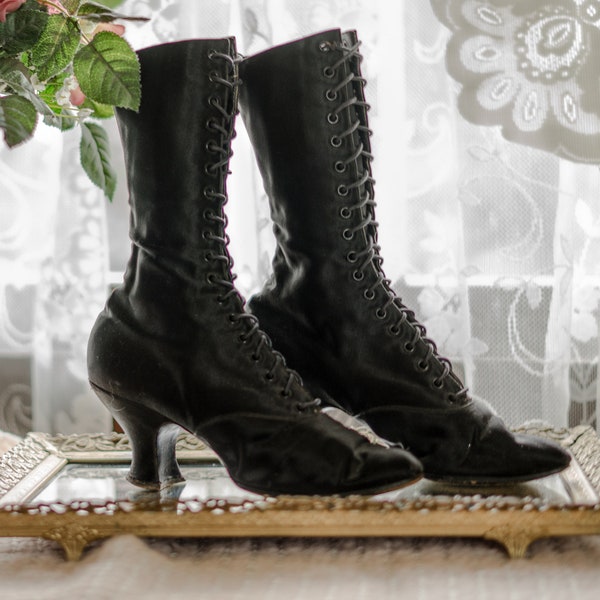 Fantastic Witchy Victorian Black Satin. Lace up Boots, Edwardian. Great Condition, Small Size