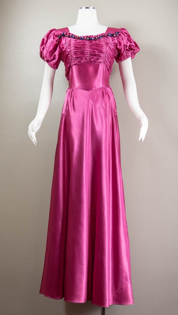 30s/40s Berry Rayon Satin Rushed Evening Gown, Ve… - image 2