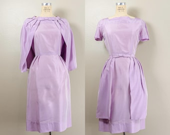 50s Shimmery Lilac Wiggle Dress & Peplum Overskirt | Convertible Bridesmaid Set, Small