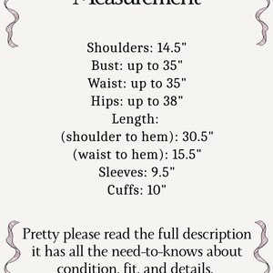 May include: A cream-colored image with the word "Measurement" at the top. It lists measurements for shoulders (14.5"), bust (up to 35"), waist (up to 35"), hips (up to 38"), length (30.5"), sleeves (9.5"), and cuffs (10"). Text at the bottom encourages reading the full description.