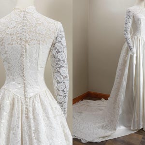 1950s Satin & Lace Wedding Gown: Sheer Neckline, Full Skirt, Extra Small