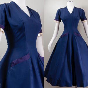 Claire McCardell Vintage Navy Silk Wool Dress: 50s Party Dress, Detachable Cuffs, Medium