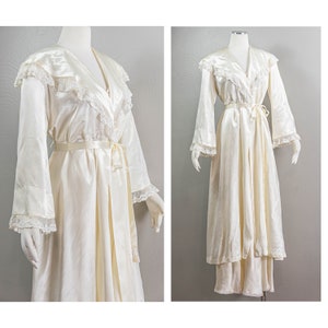 40s White Rayon Satin Peignoir Robe: Lace Shawl Collar, Extra Large