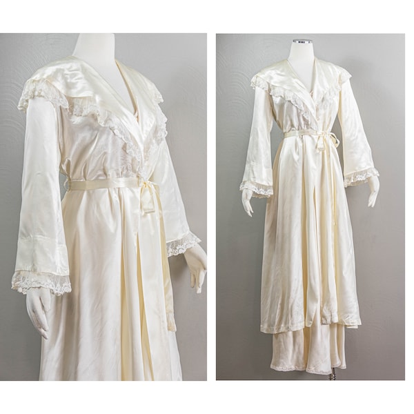 Lovely 40s White Rayon Satin and Lace Peignoir Robe, Wrap Style, Shawl Collar