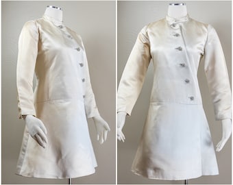 Mod 60s Cream Satin Shift Mini Dress, Space Age Style, Rhinestones Buttons, Abe Schrader