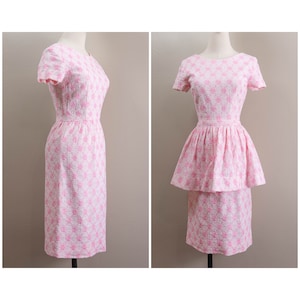 50s Embroidered Wiggle Dress: Pink Snowflakes, Detachable Peplum, XXS