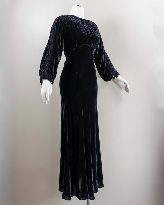 1930s Black Silk Velvet Evening Gown with Rhinestone … - Gem