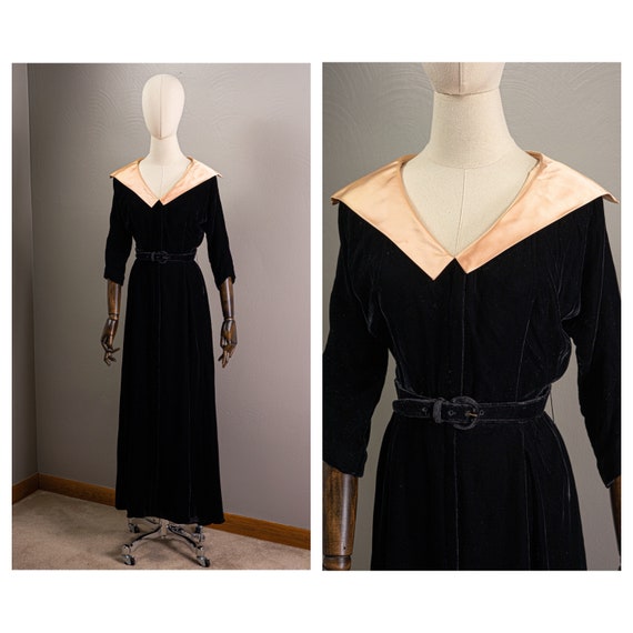 Vintage 40s/50s Inky Black Velvet Dressing Gown, P