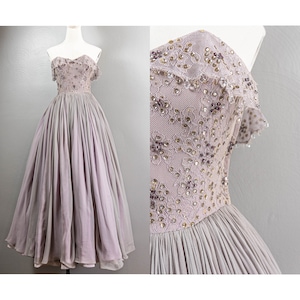 50s Lace Ball Gown: Gray Lilac Georgette, Sequins Rhinestones, Extra Small