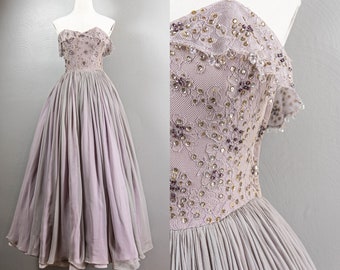 Romantic 50s Gray and Lilac Lace and Georgette Ball Gown, Sequins, Purple Rhinestones and Crystal Beads