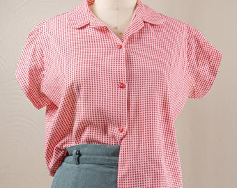 Blusa de algodón a cuadros rojos de los años 50, Fruit of the Loom, con botones, talla mediana/grande.