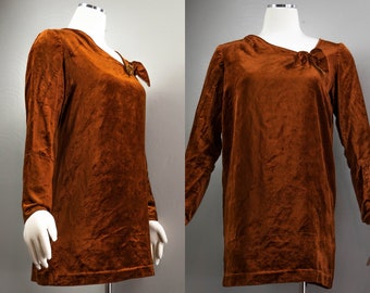 Fun 20s Brown Tunic Top, Asymmetric Neckline, Fun Little Bow, Long Sleeves