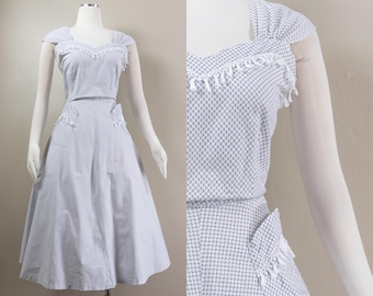 1950s Cotton Sundress: White & Navy Geometric Print, Tassel Trim - Country Club Frocks, Large