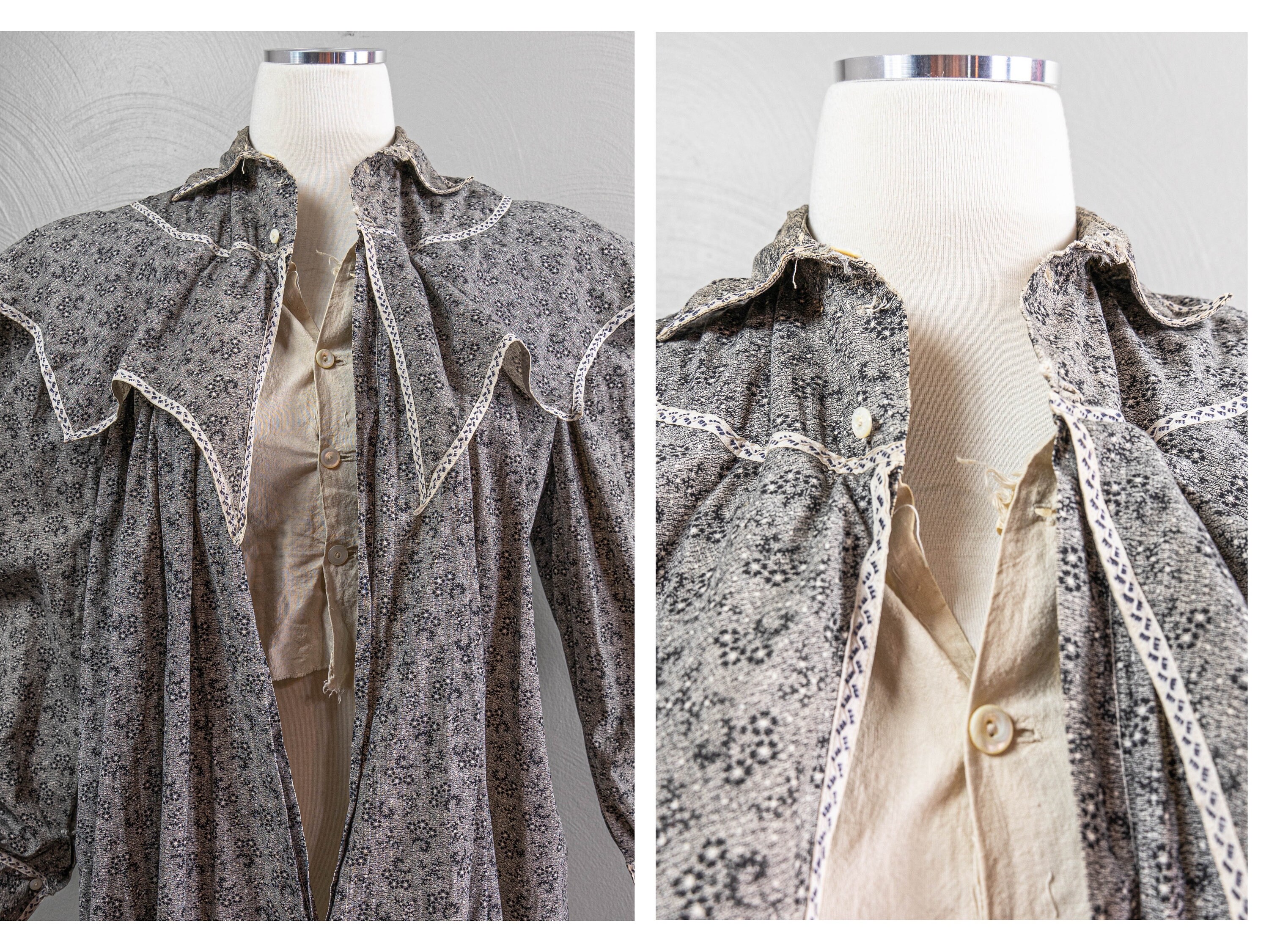 Lovely 1900s Black and White Calico Cotton Wrapper Dress