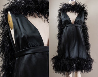 Glamorous 60s Christian Dior Silk Satin LIttle Black Dress, Feather Trim and Matching Feather Boa, Bergdorf Goodman ca. 1968