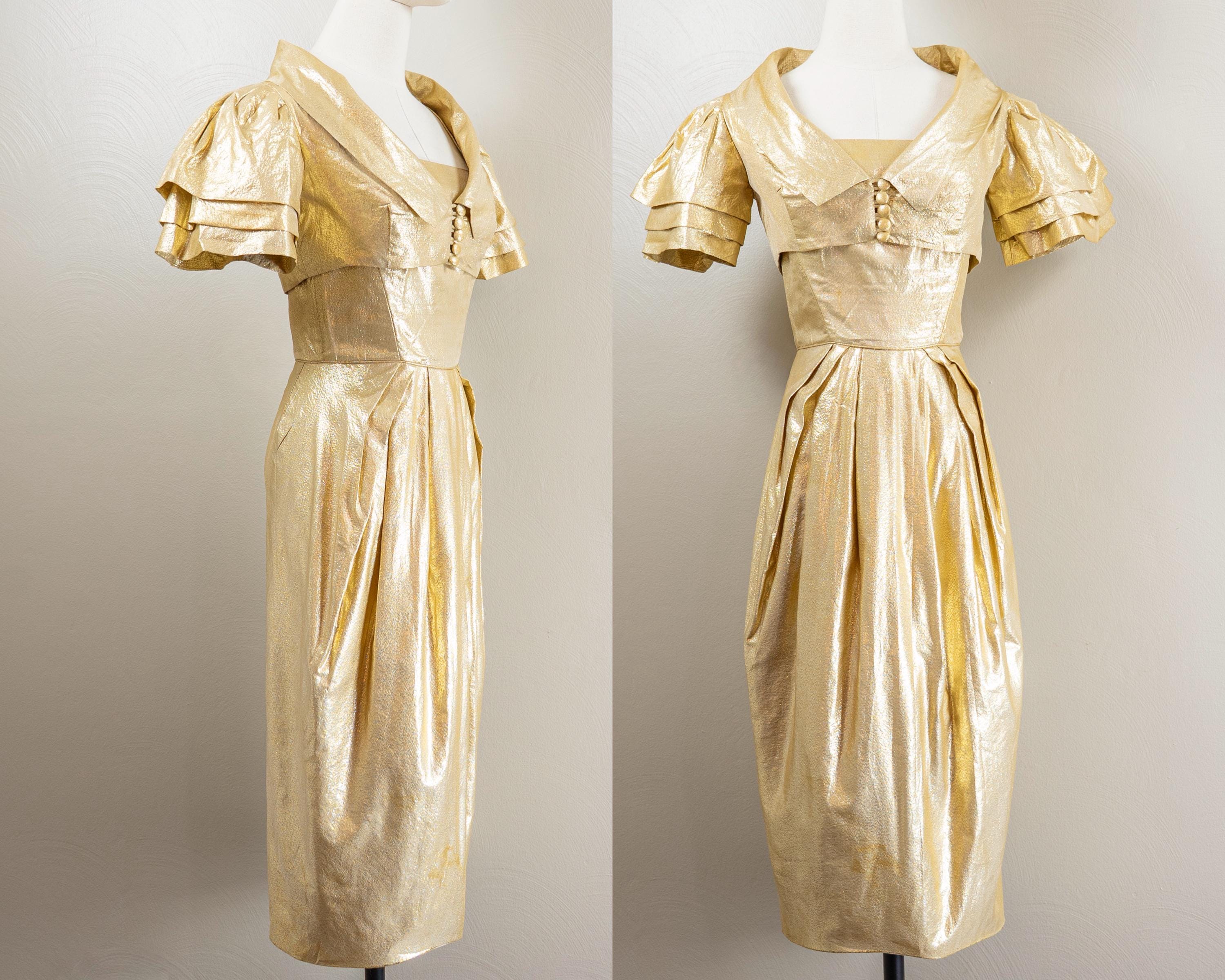 gold lame dress vintage 50s Lamé & Bolero, Wiggle Dress, Ruffle Sleeves, Party Set, Extra Small Bridal Shower Dresses