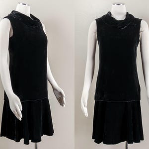 60s Dose 20s NWT Black Velvet Shift Dress, Drop Waist, Cowl Neck, Mod, Medium
