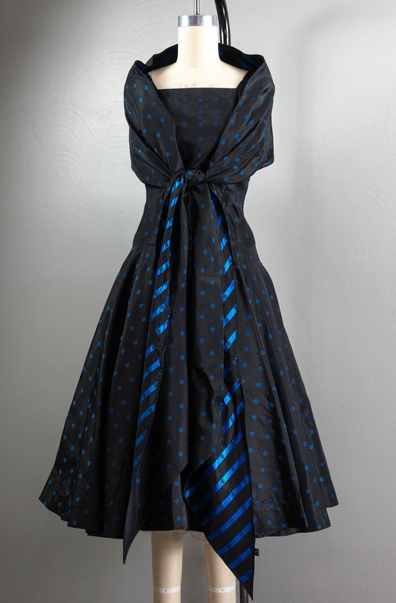 50s Black and Blue Brocade Drop Waist Party Dress… - image 3