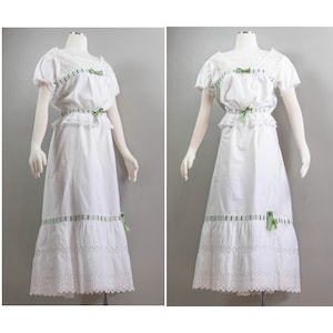 incredible Edwardian White Cotton Underpinnings Set, Corset Cover, and Petticoat, Green Silk Ribbon, Trousseau