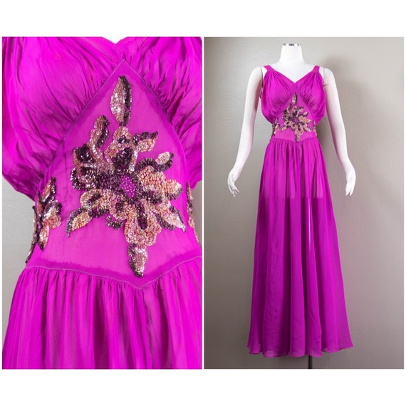 Glamorous 30s Vivid Fuchsia Silk Chiffon Evening … - image 1