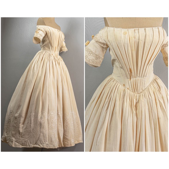 Stunning 1840s Cream Silk Jacquard Ball Gown, Rom… - image 1