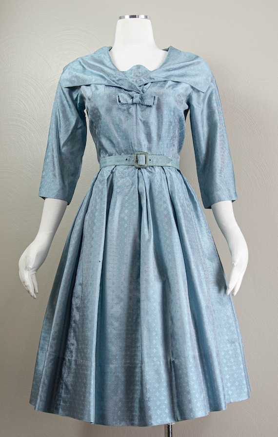 Darling 50s Icy Blue Jacquard Dress, Full Skirt, … - image 2