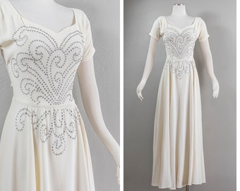 Timeless 40s Off White Crepe Rayon Evening Dress with Prong Set Rhinestones Detail, A-line Silhouette