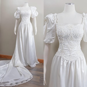 80s Basque Waist Wedding Dress Puff Sleeve Satin Bridal Gown Train, Small