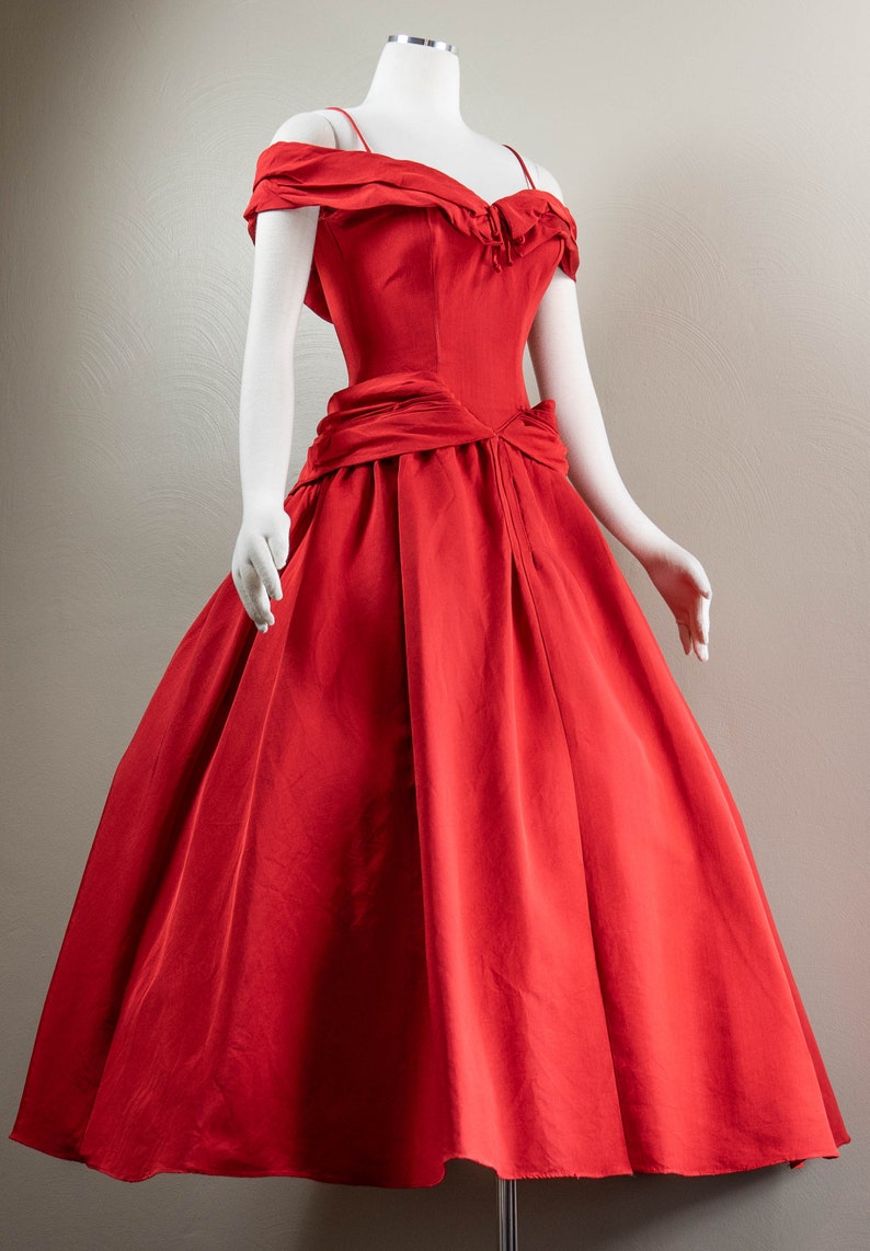 Glamorous True Red 50s Silk Faille Off the Shoulder Evening Dress, Fred Perlberg, Ballet Length image 4