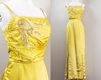 Elegant 60s Golden Silk Column Styled Evening Dress, Gold Lame Appliqué and Beading
