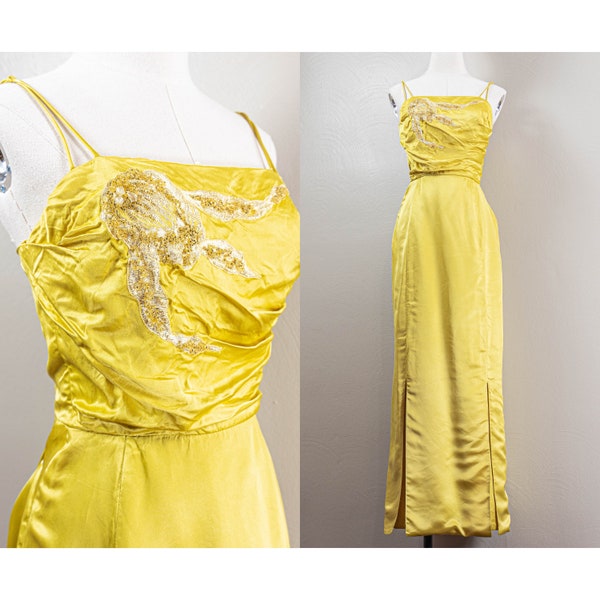 Elegant 60s Golden Silk Column Styled Evening Dress, Gold Lame Appliqué and Beading