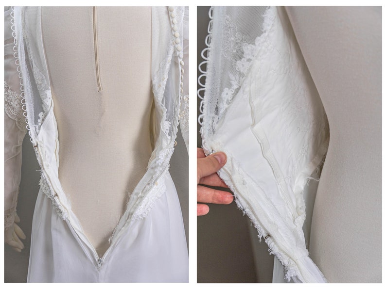 May include: White wedding dress with a lace bodice and a long skirt. The dress has a zip at the back and a lace overlay.