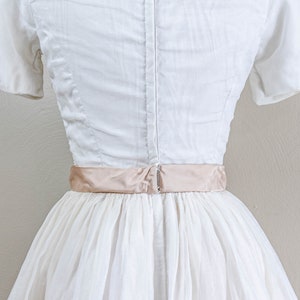 Darling 50s/60s White Cotton Organdy Party Dress, Taupe Satin Ribbon ...