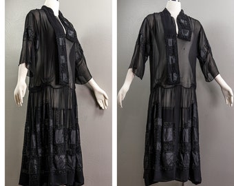 1920s Black Silk Chiffon Beaded Flapper Dress with Glass Beads, Large
