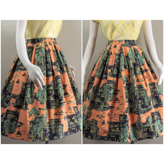Fun 50s Black and Orange City Print Novelty Printed Circle Skirt Pleatted Boats Etsy