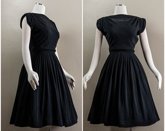 50s/60s Sheer Chiffon Little Black Dress, Draped Neckline, Pleated Circle Skirt, Gathered Sleeves