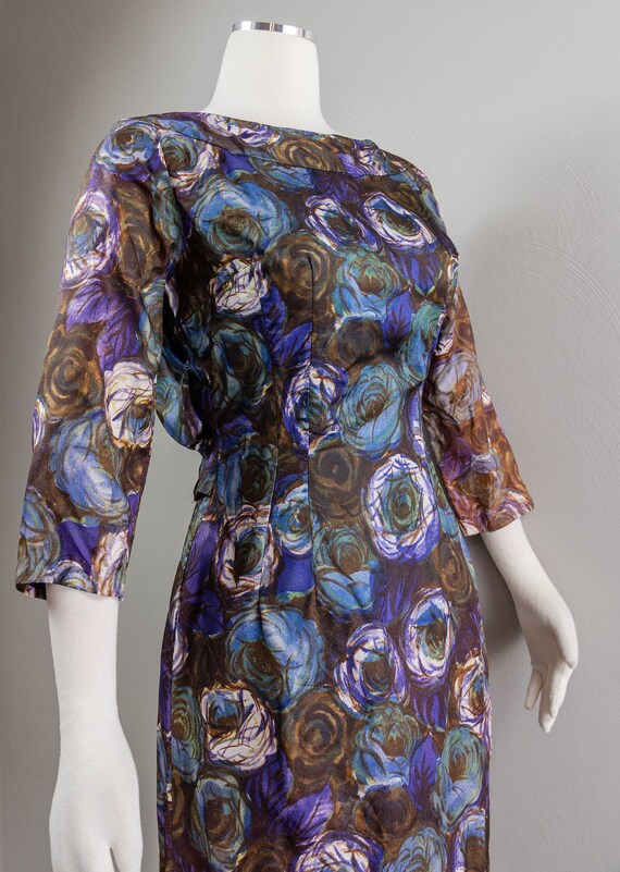 Funky 50s/60s Blue and Brown Rose Printed Wiggle … - image 4