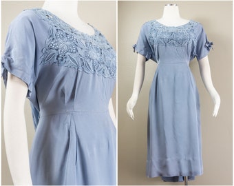 Lovely 40s Periwinkle Blue Rayon Wiggle Dress, Lace Neckline, Tail and Bow Details