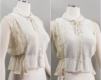 Unique 30s/40s Hand Knit and Bead White Blouse, Square Shell Buttons, Peter Pan Collar, Bow, Julianna Komar New York