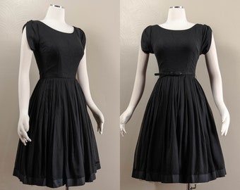 Chic 50s/60s Chiffon Little Black Dress, Pleated Full Skirt, Tulip Sleeves